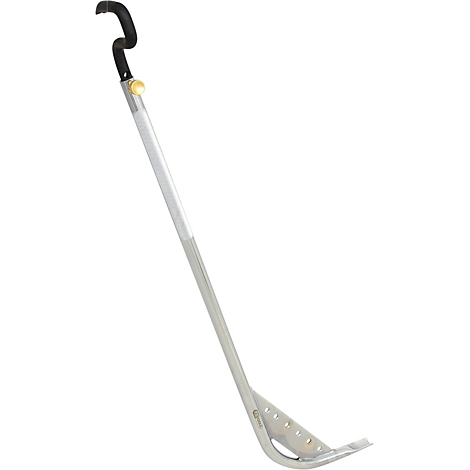 Ein silberner Schmutzlöffel. Der Griff ist schwarz, gebogen und mit einer goldenen Schraube befestigt. Der Löffel hat Löcher.